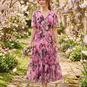 Soft Surroundings Floral Maxi Dress Size Small Pink Shimmer Romantic Garden NWT
